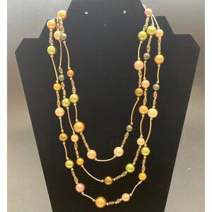 3 Strand Statement Necklace Faux Multi Color Pearl Silver Tone Filigree Bead VTG